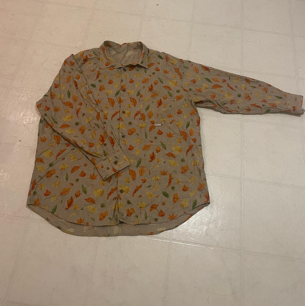 Japanese Button Down Leaf Pattern "Papas" Cotton … - image 1